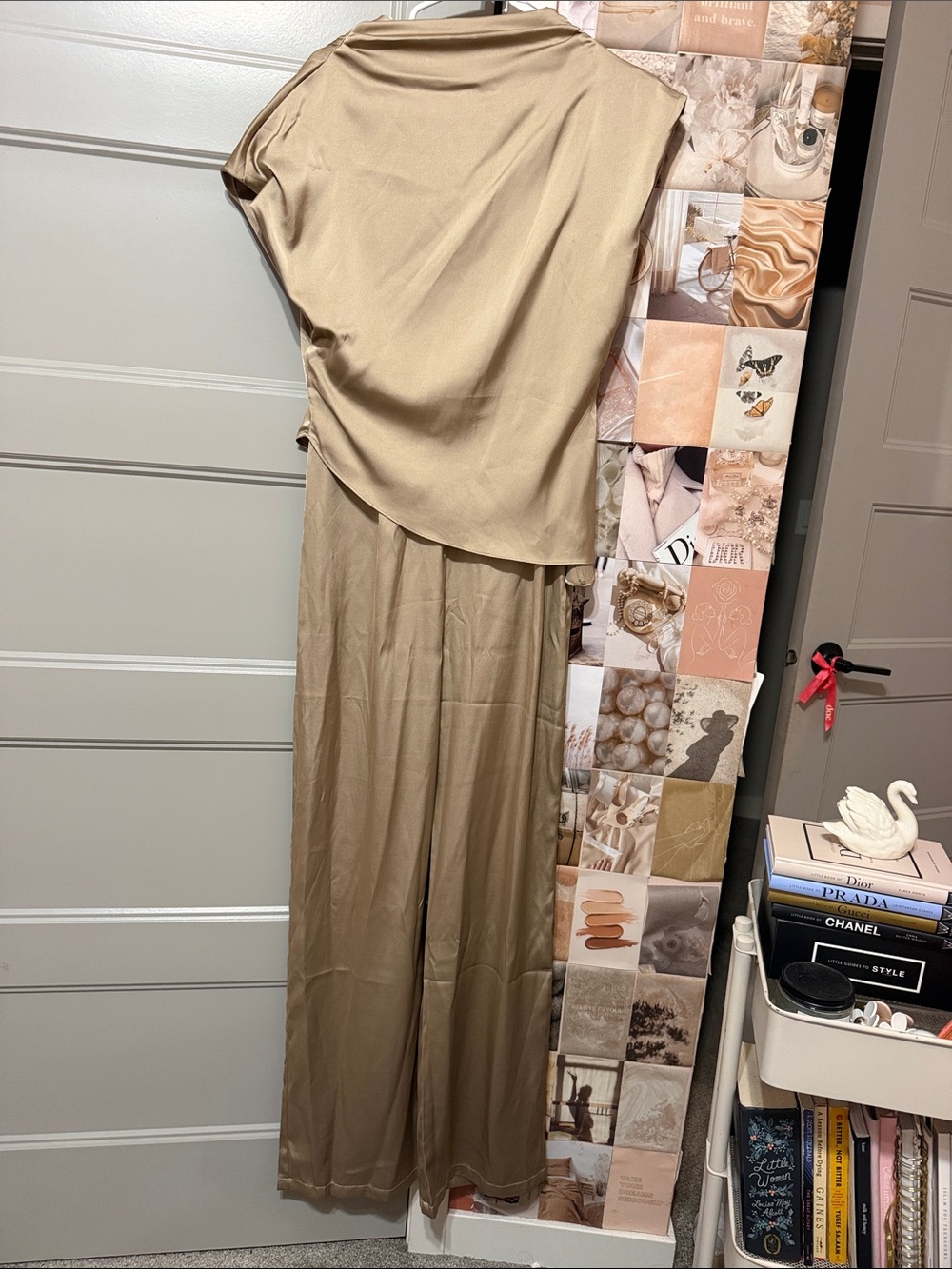 PrettyLittleThing Wide-Leg Satin Jumpsuit in Beige